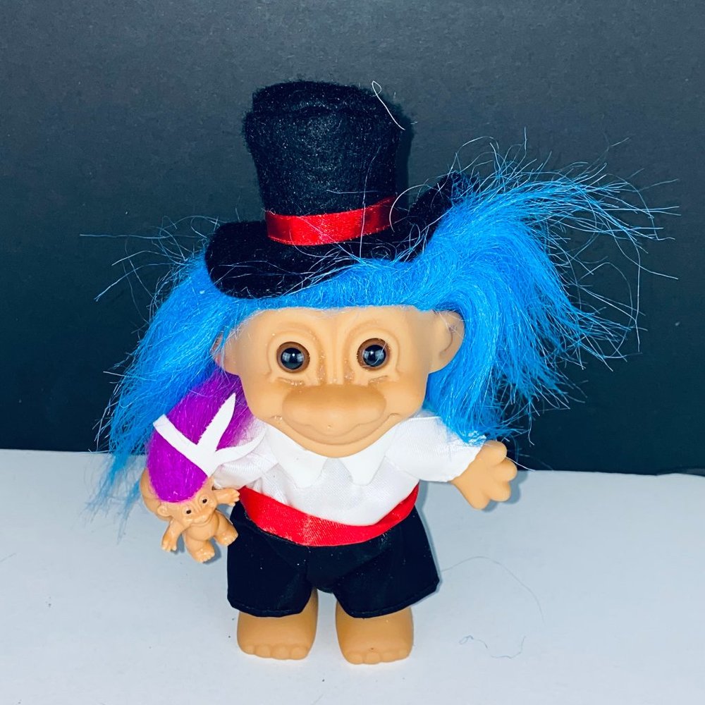 Russ Troll Doll Magician Black Top Hat Satiny Suit Attire Mini Troll Toy Figure